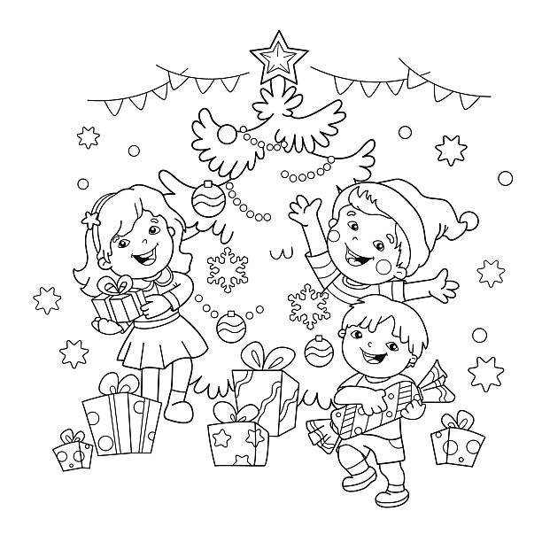 Coloring Page Outline Of children with gifts at Christmas tree Coloring Page Outline Of children with gifts at Christmas tree. Christmas. New year. Coloring book for kids christmas coloring stock illustrations