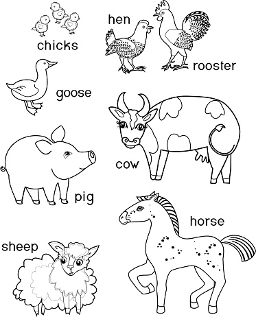 Download Coloring Page Set Of Different Cute Cartoon Farm Animals With Titles On White Background Stock ...