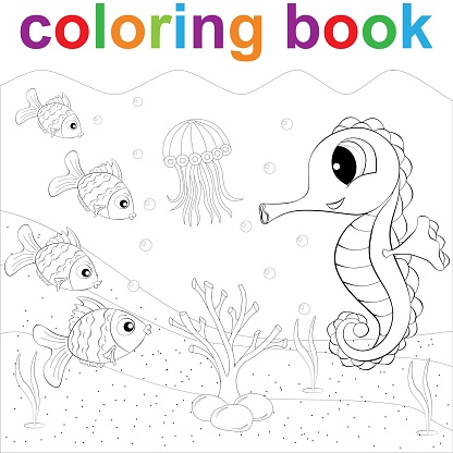Coloring page template with cartoon fish, coral and jellyfish, for children.