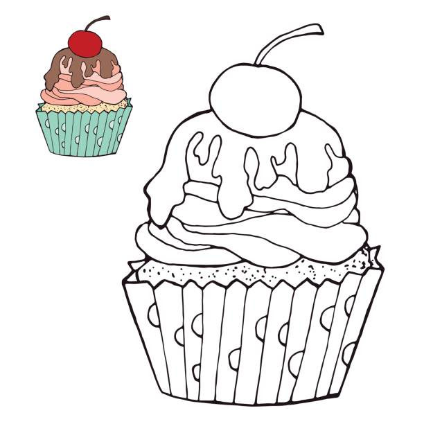 Coloring page with a cake. color version Coloring page with a cake. color version cupcakes coloring pages stock illustrations