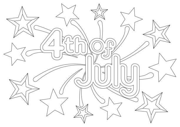 Coloring page with a festive quote 4th of July on a background with firework and stars Coloring page with a festive quote on a background with firework and stars for 4th of July American Independence Day. Vector design template for coloring book, greeting card, poster and banner. Entertainment and recreation for the little patriot quote coloring pages stock illustrations