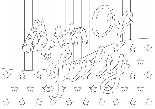 Coloring page with a festive quote 4th of July on a striped background with stars. Coloring page with a festive quote on a striped background with stars for 4th of July American Independence Day. Vector design template for coloring book, greeting card, festive poster and banner. Entertainment and recreation for the little patriot quote coloring pages stock illustrations