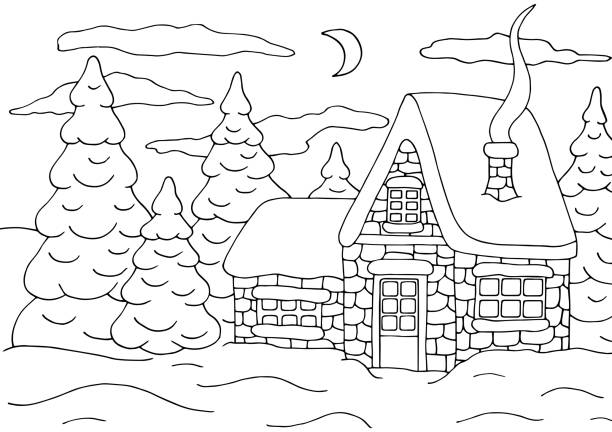 Coloring page with a house in the winter forest with a Christmas tree Horizontal coloring page with a beautiful house in the winter forest with a Christmas tree christmas coloring stock illustrations