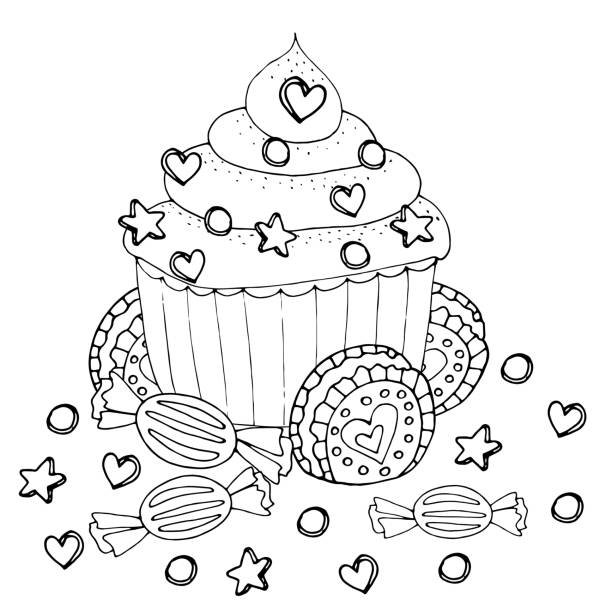Coloring page with cake, cupcake, candy and other dessert Coloring page with cake, cupcake, candy and other dessert. Sweet dessert coloring book. Vector isolated dessert. cupcakes coloring pages stock illustrations