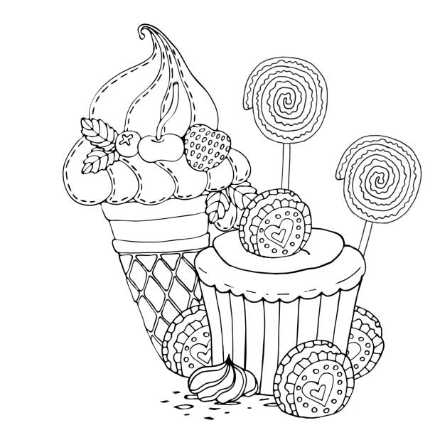 Coloring page with cake, ice cream, cupcake, candy and other dessert Coloring page with cake, ice cream, cupcake, candy and other dessert. Sweet dessert coloring book. Vector isolated dessert cupcakes coloring pages stock illustrations