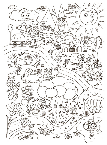 Coloring page with cute baby animals. Vector isolated
