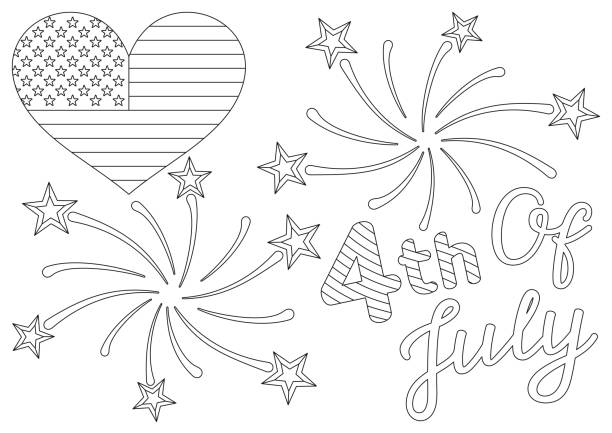 Coloring page with festive quote, US flag in heart shape, firework and stars Coloring page with festive quote, US flag in heart shape, firework and stars for 4th of July American Independence Day. Vector design template for coloring book, greeting card, poster and banner. Entertainment and recreation for the little patriot quote coloring pages stock illustrations