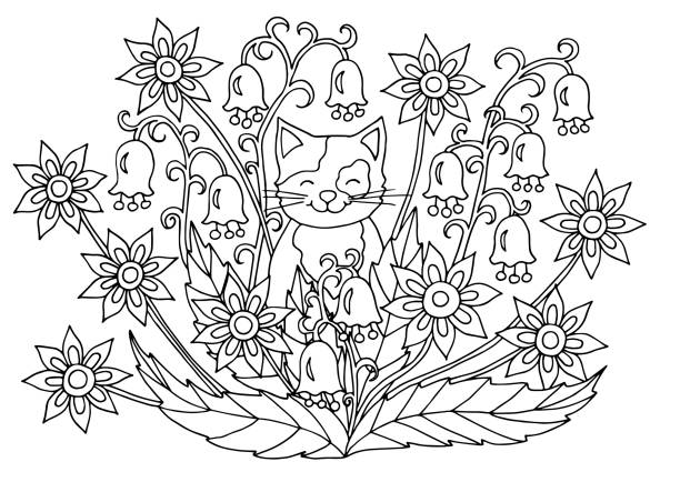 Coloring page with flowers and cat Cute abstract coloring page with summer flowers and cat, for kids and adults cute cat coloring pages stock illustrations