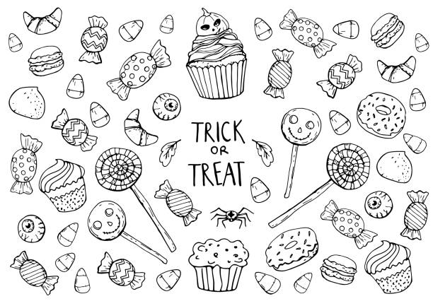 coloring page with sweets, Halloween coloring page Halloween candy drawings stock illustrations