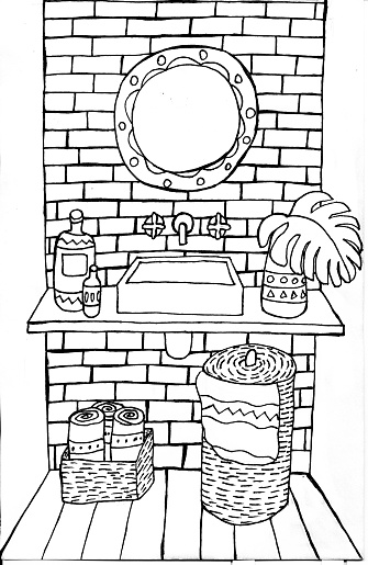 Coloring page with toilet interior design. Coloring page with interior design.