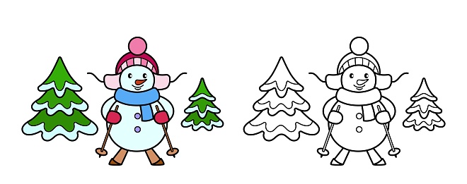 Coloring Pages. Coloring book snowman skiing