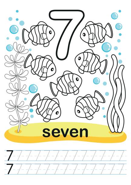 Coloring printable worksheet for kindergarten and preschool. Training exercises for writing numbers. Underwater background with marine life, corals and algae. A bright large number and samples for writing. Coloring printable worksheet for kindergarten and preschool. printable of fish drawing stock illustrations