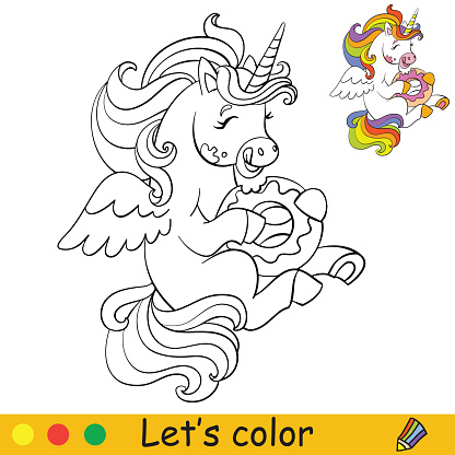 Coloring Vector Cute Little Unicorn Eating A Doughnut Stock
