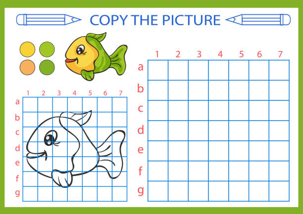 Coloring with drawing lesson. Repaint the picture sea fish using grid lines. Copy the picture for children. Kids drawing art game. Activity page for book. Hobby courses. Vector illustration. Drawing worksheet. Copy the picture printable of fish drawing stock illustrations