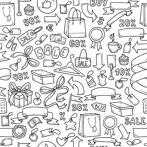 Colorless vector pattern of shopping items Colorless vector pattern of shopping items shopping drawings stock illustrations