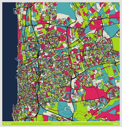 colors art illustration style map,Tel aviv city,Israel