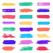 Coloured brush stroke. Grunge paintbrush stroke, dry paint scratch texture colorful brushes, messy splatter line vector illustration set. Colorful various bright highlights, stripes
