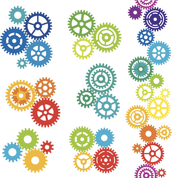Colourful cogs Various sized rainbow coloured cogs on a white background gear mechanism stock illustrations