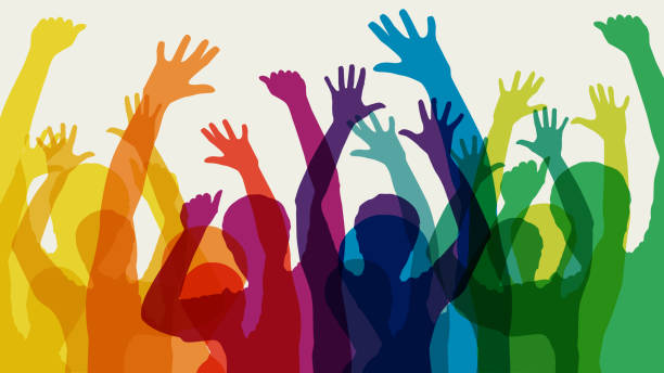 Colourful crowd with raised arms vector art illustration