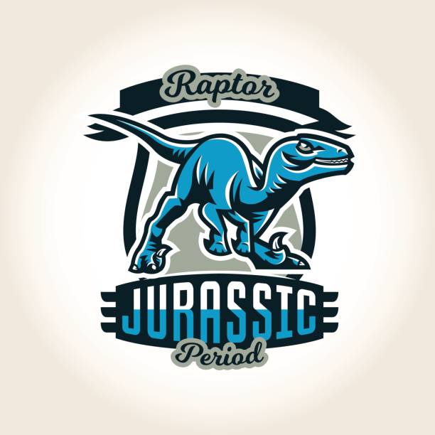 Colourful emblem, symbol, label the world of the dinosaurs of the Jurassic period of the Mesozoic era is isolated on a background of the shield. Vector illustration, printing for t-shirts  jurassic world stock illustrations