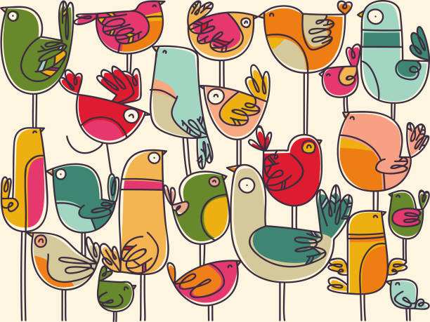 Colourful stack of birds edge to edge pattern vector art illustration