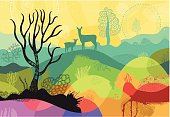 istock Colourful sunny landscape with plants, trees and deers 167252016