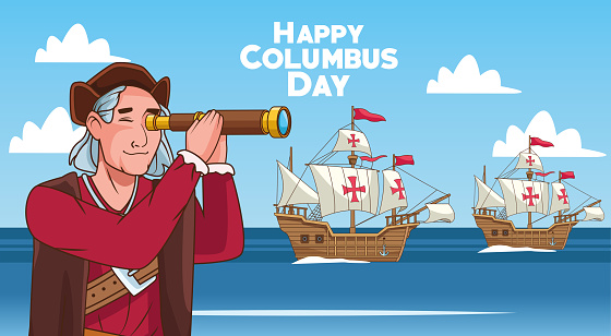 Columbus day celebration scene of christopher using telescope and caravels vector illustration design vector