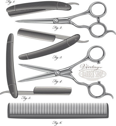 Comb, Scissors and Razor in vintage engraved style
