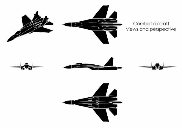 Combat aircraft. Black fill. War weapon. Supersonic machine. drawing of fighter planes stock illustrations
