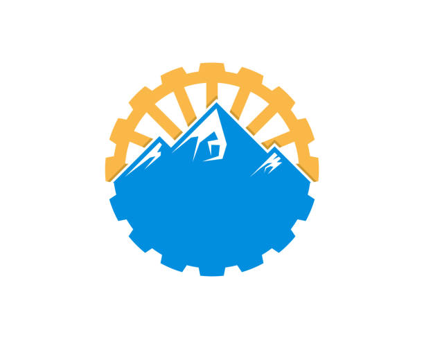 Combination mountain with water wheel logo Combination mountain with water wheel logo water wheel stock illustrations