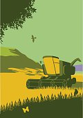 Retro style landscape with combine harvester. CS3 and CS5 versions.