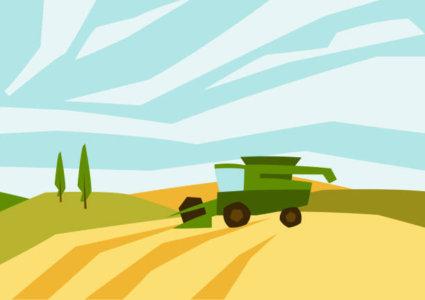 illustrations, cliparts, dessins animés et icônes de moissonneuse-batteuse sur le champ de blé. illustration agricole ferme paysage rural. - panneau village
