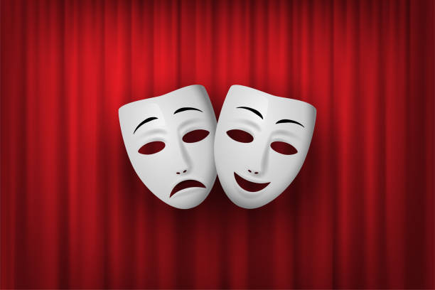 Comedy and Tragedy theatrical mask isolated on a red curtain background. Vector illustration. Comedy and Tragedy theatrical mask isolated on a red curtain background. Vector illustration stage theater stock illustrations