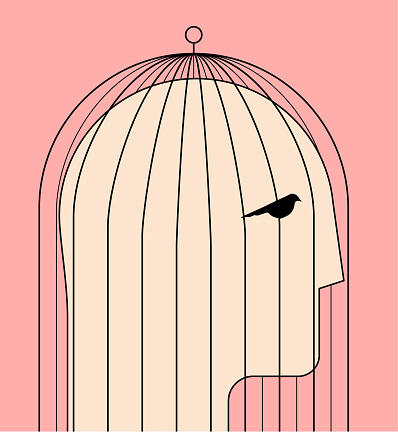 Comfort zone or self limit or inner prison psychological concept with human head silhouette in birdcage. Minimalistic vector illustration