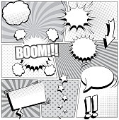 Comic book background in black and white colors. Vector illustration with speech bubbles, arrow, stars, sound and halftone effects, funny radial and dotted backgrounds. Pop-art style.