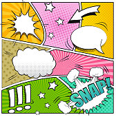 Comic book background. Mock-up of strip book page with speech bubbles, sounds and colored halftone effects. Pop-art style
