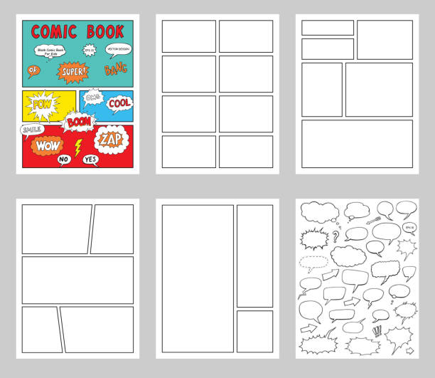 comic book Blanks set, text speech bubbles , Comic magazine cover Template, strip page mock up comic book Blanks set, text speech bubbles , Comic magazine cover Template, strip page mock up comic book stock illustrations