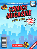 istock Comic book cover page. City superhero empty comics magazine covers layout, town buildings and vintage comic books vector template 1085939882