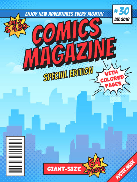 Comic book cover page. City superhero empty comics magazine covers layout, town buildings and vintage comic books vector template Comic book cover page. City superhero empty comics magazine covers layout, town buildings and vintage comic books. Super hero cartoon pop books page retro template vector template comic book stock illustrations