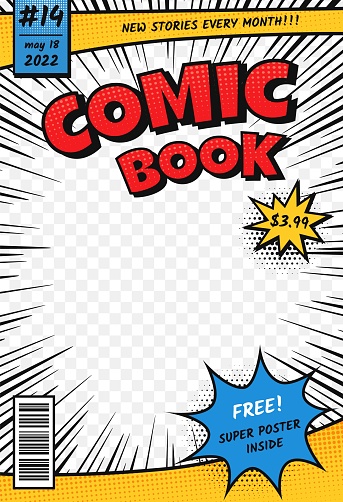Comic book cover. Retro comics title page template in pop art style. Cartoon superhero magazine with speed rays and halftone effect vector layout