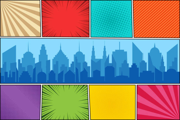 Comic book page colorful background Comic book page colorful background with day modern city silhouette radial ray halftone stripes humor effects. Vector illustration city borders stock illustrations