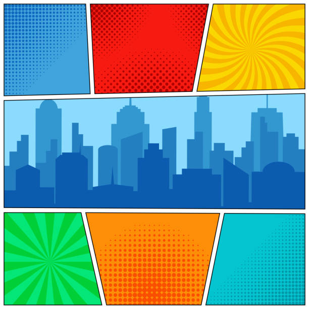 Comic book page template Comic book page template with radial backgrounds, halftone effects and city silhouette in pop-art style. Vector illustration city borders stock illustrations