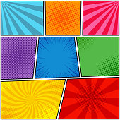 Comic book page template with rays, radial, halftone and dotted effects in different colors. Pop art style. Vector illustration