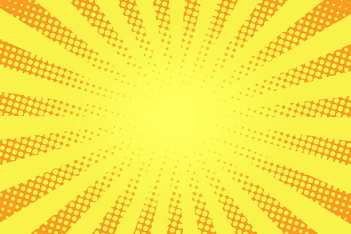 Comic book style background. Halftone texture, vintage dotted background in pop art style. Retro sun rays, sunbeams