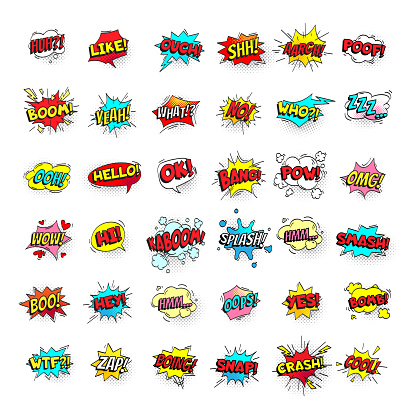 Comic bubbles. Cartoon text balloons. Pow and zap, smash wtf oops wow omg yeah poof boo and kaboom smash bang boom comics expressions. Speech bubble retro vector pop art stickers isolated sign set