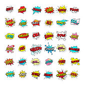 Comic bubbles. Cartoon text balloons. Pow and zap, smash wtf oops wow omg yeah poof boo and kaboom smash bang boom comics expressions. Speech bubble retro vector pop art stickers isolated sign set