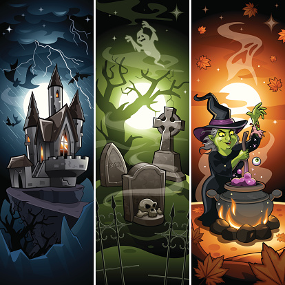 Comic Cartoon Halloween Banner with Draculas Castle, Scary Graveyard, Witch