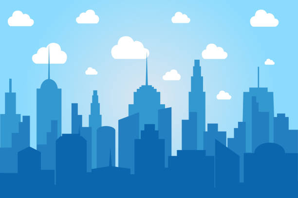 Comic cityscape light background Comic cityscape light background with buildings silhouette and white clouds at day time. Vector illustration blue silhouettes stock illustrations