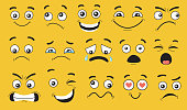 Comic face expressions set. Smiling, pensive, happy, crying, shocked, scared, angry cartoon character faces, grimaces with eyes and mouth. Vector illustrations for emotions and feelings concept