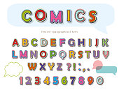 Comic font design. Funny pop art letters and numbers. Vector illustration